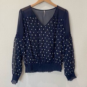 FREE PEOPLE sheet polka dot blouse with smocked hem and wrists